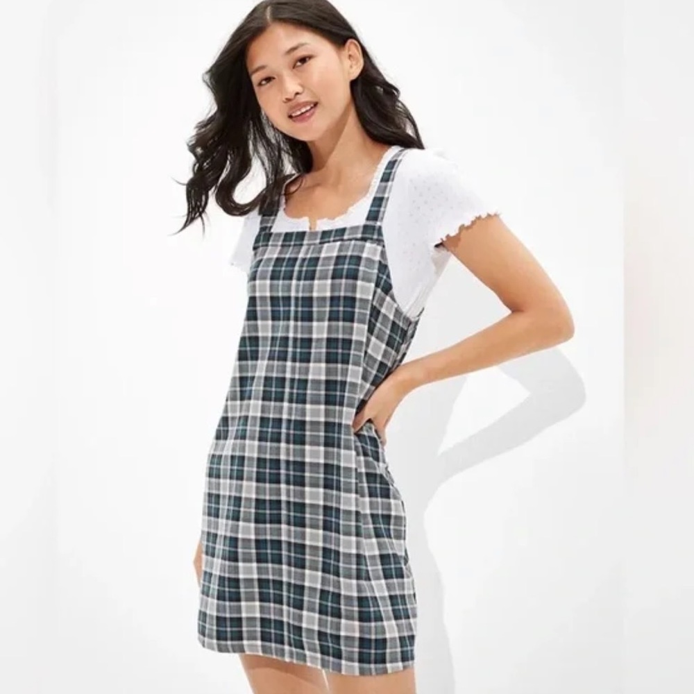 American Eagle Size S Small Plaid Overall Mini Dress Blue Gray Jumper